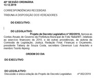 A 40ª Sessão Ordinária sera realizada hoje (13/12) as 16:00 horas