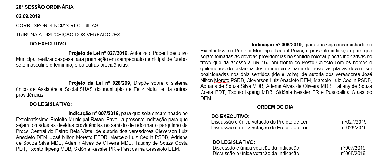 Pauta da 28ª Sessão Ordinária