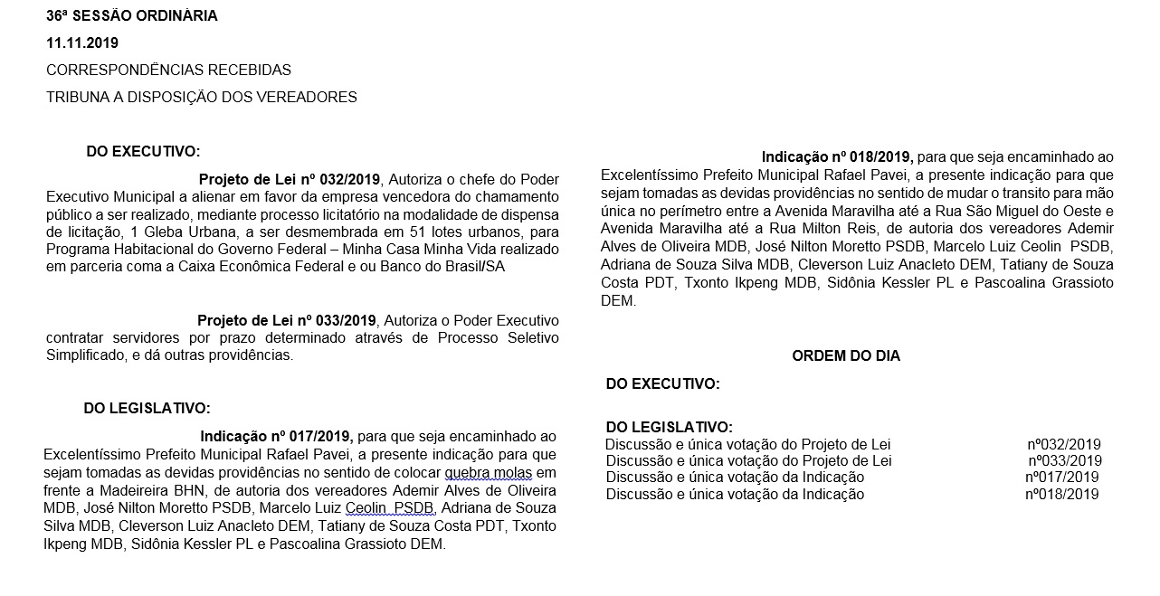 Pauta da 36ª Sessão Ordinária