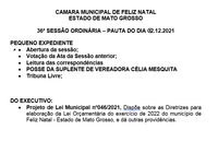 Pauta da 36ª Sessão Ordinária que será realizada  dia 02/12 as 18:00 horas