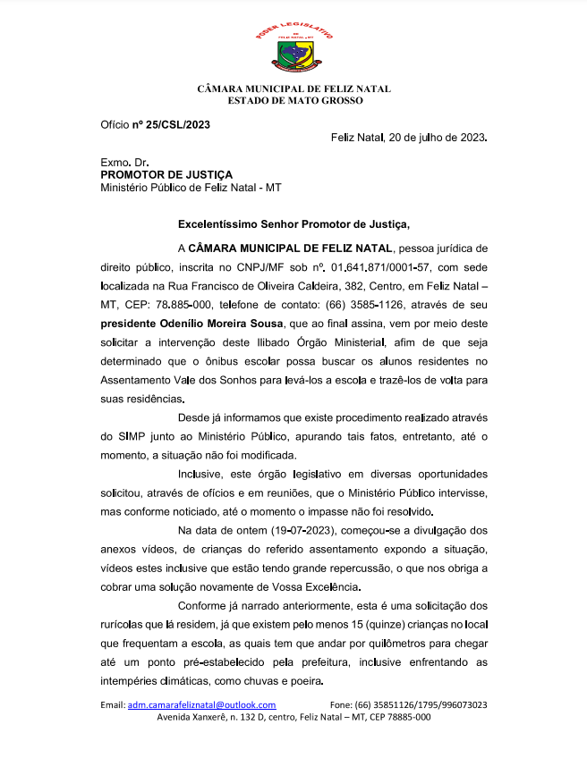 Presidente da Câmara Municipal encaminha ofício ao Ministério Público solicitando que MP autorize Município a entrar com ônibus escolar no assentamento Vale dos Sonhos