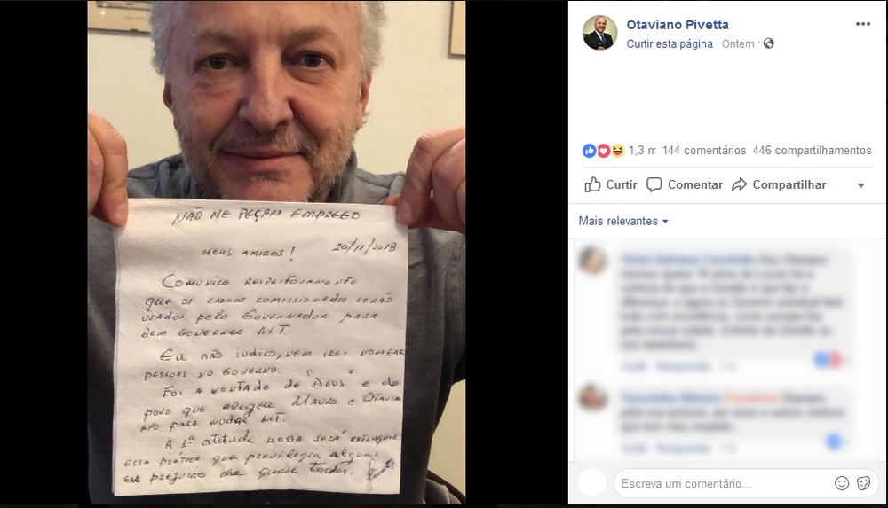 Vice-governador eleito de MT posta foto com bilhete dizendo para não lhe pedirem emprego no futuro governo